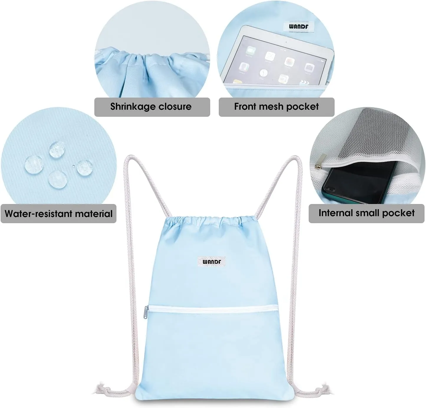 WANDF Drawstring Backpack String Bag Sackpack Cinch Water Resistant Nylon for Gym Shopping Sport Yoga (Light Blue)
