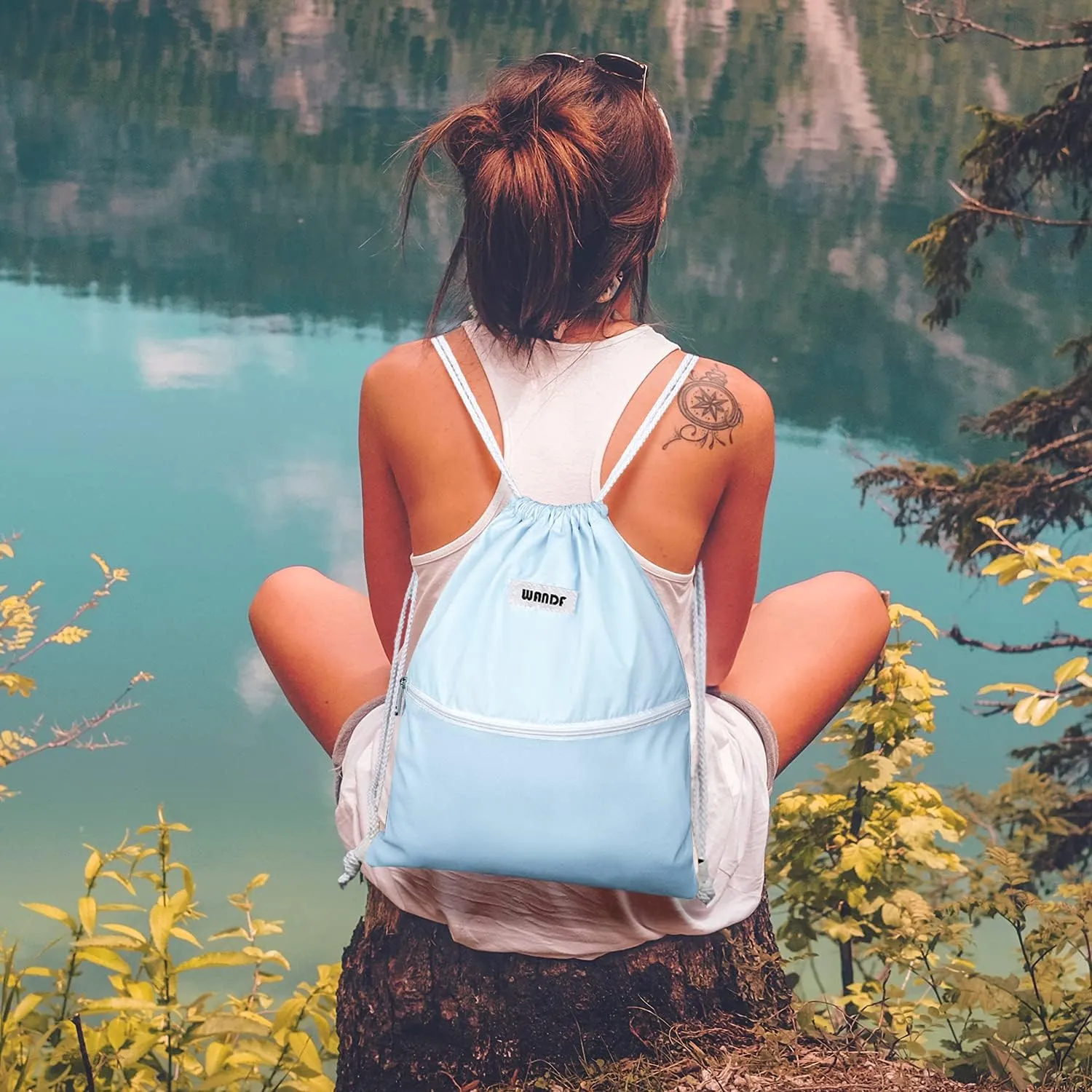 WANDF Drawstring Backpack String Bag Sackpack Cinch Water Resistant Nylon for Gym Shopping Sport Yoga (Light Blue)