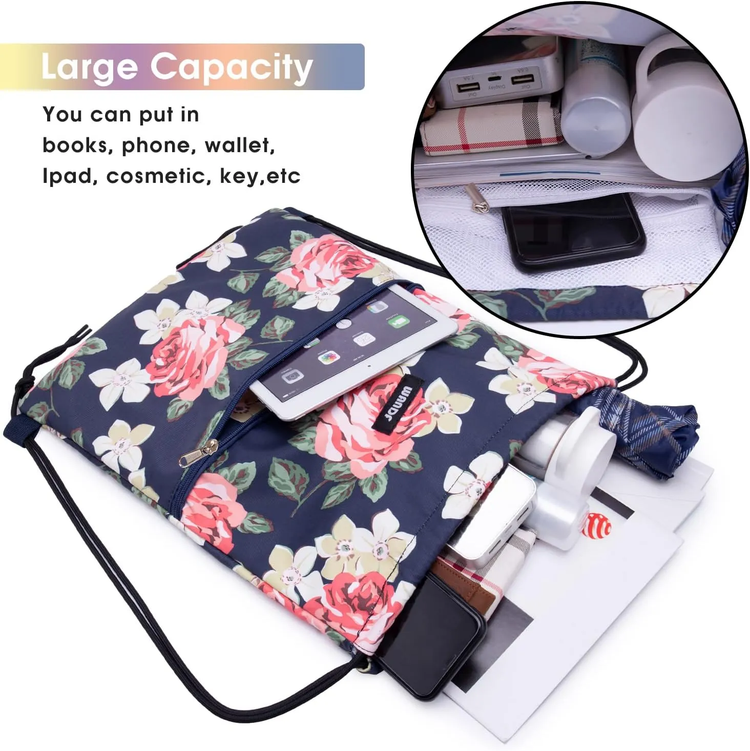 WANDF Drawstring Backpack String Bag Sackpack Cinch Water Resistant Nylon for Gym Shopping Sport Yoga (Peony)