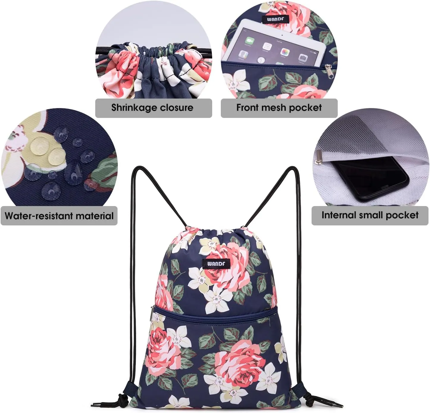 WANDF Drawstring Backpack String Bag Sackpack Cinch Water Resistant Nylon for Gym Shopping Sport Yoga (Peony)