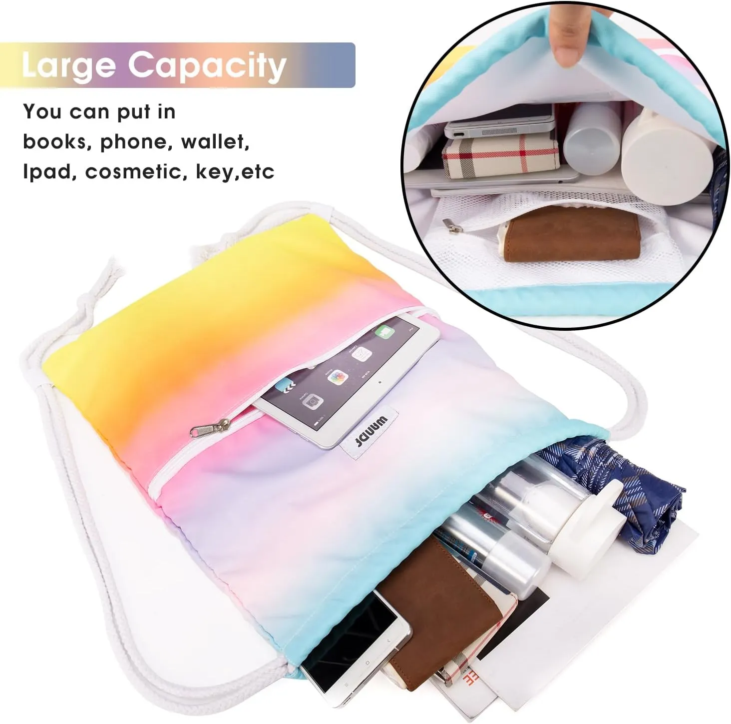 WANDF Drawstring Backpack String Bag Sackpack Cinch Water Resistant Nylon for Gym Shopping Sport Yoga (Rain bow)