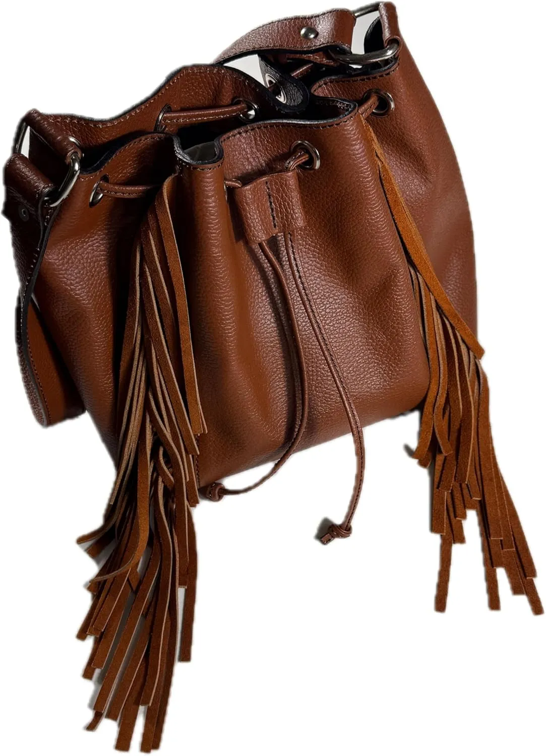 Womens Leather Bucket Bag with Fringe Tassels, Brown, Handmade Drawstring Purse