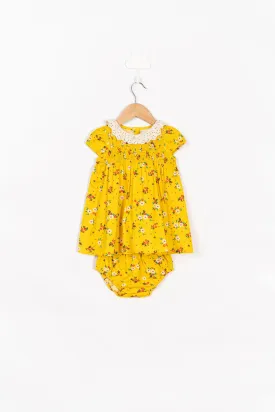 Yellow Smocked Floral Dress